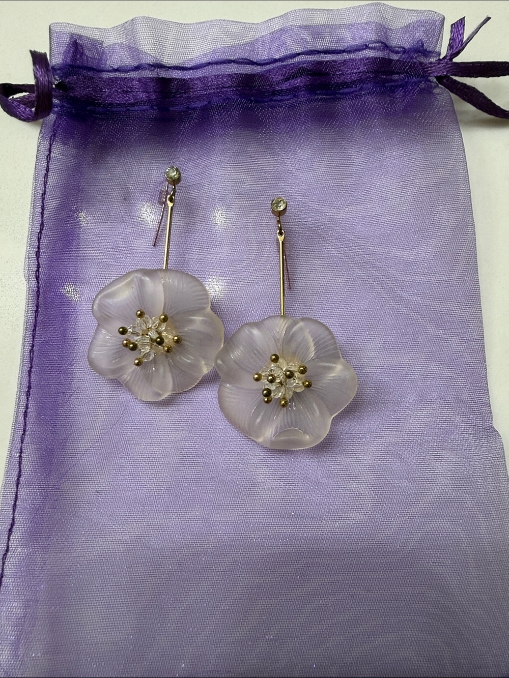 Gold Stem white Flower Drop Earrings